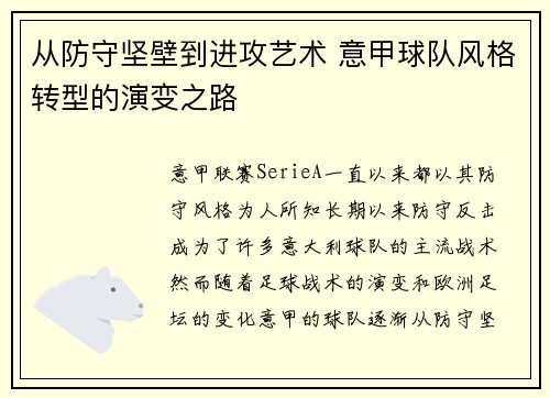 从防守坚壁到进攻艺术 意甲球队风格转型的演变之路